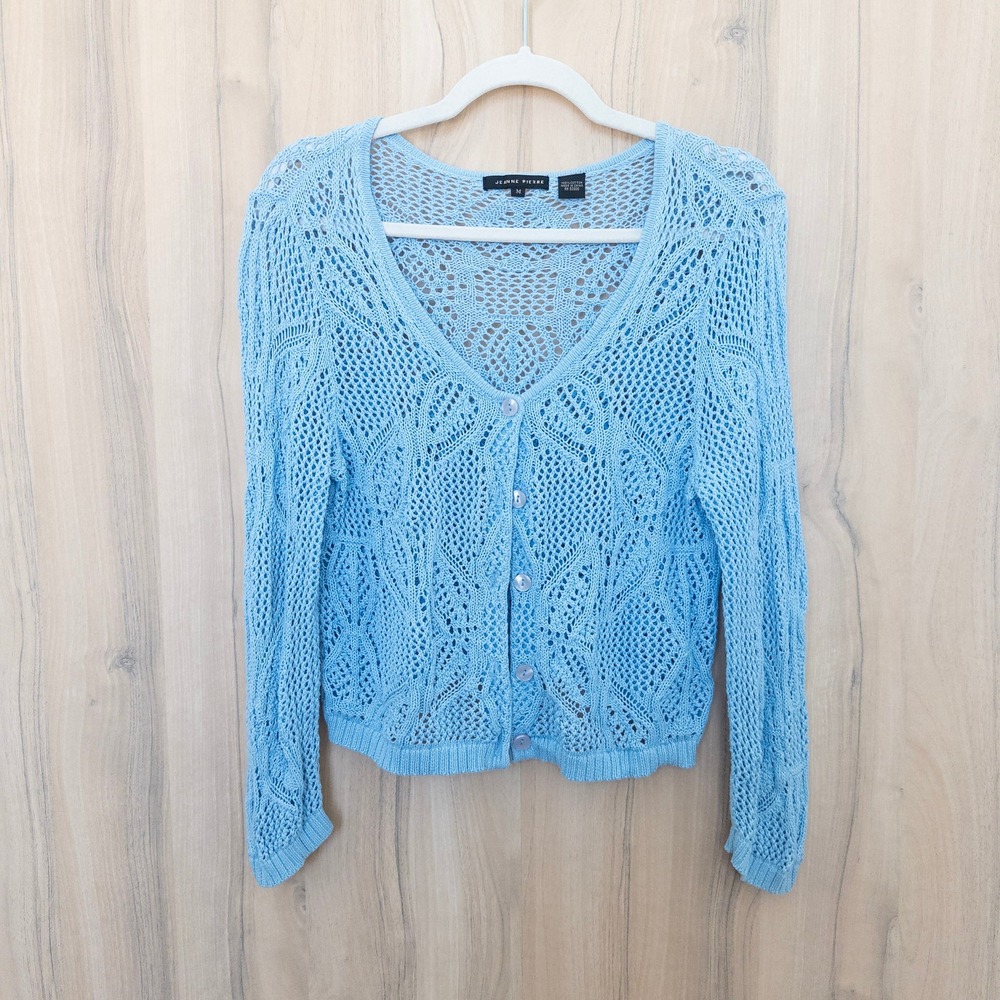 Jenne Pierre Womens Crochet Open Knit Cardigan Medium Blue Cottage Coastal Boho